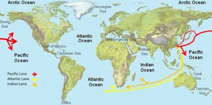 Pacific and Atlantic Route from China to the USA